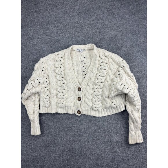 Zara Cardigan Sweater Womens Medium Cream Chunky Cable Knit Cropped Button Front - Picture 1 of 7